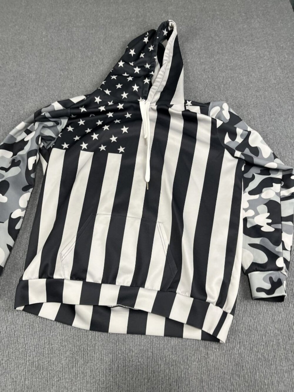 American Flag & Camo Hoodie Black & White Striped Stars Pattern Pullover Mens L